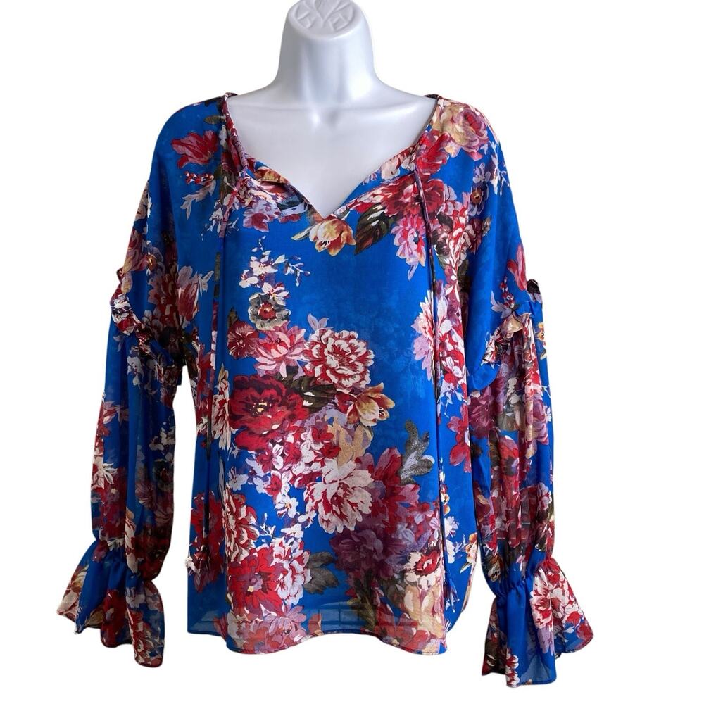Elie Tahari Women's Blue Floral Boho Peasant Blouse Size S Fairy Spring Flowy